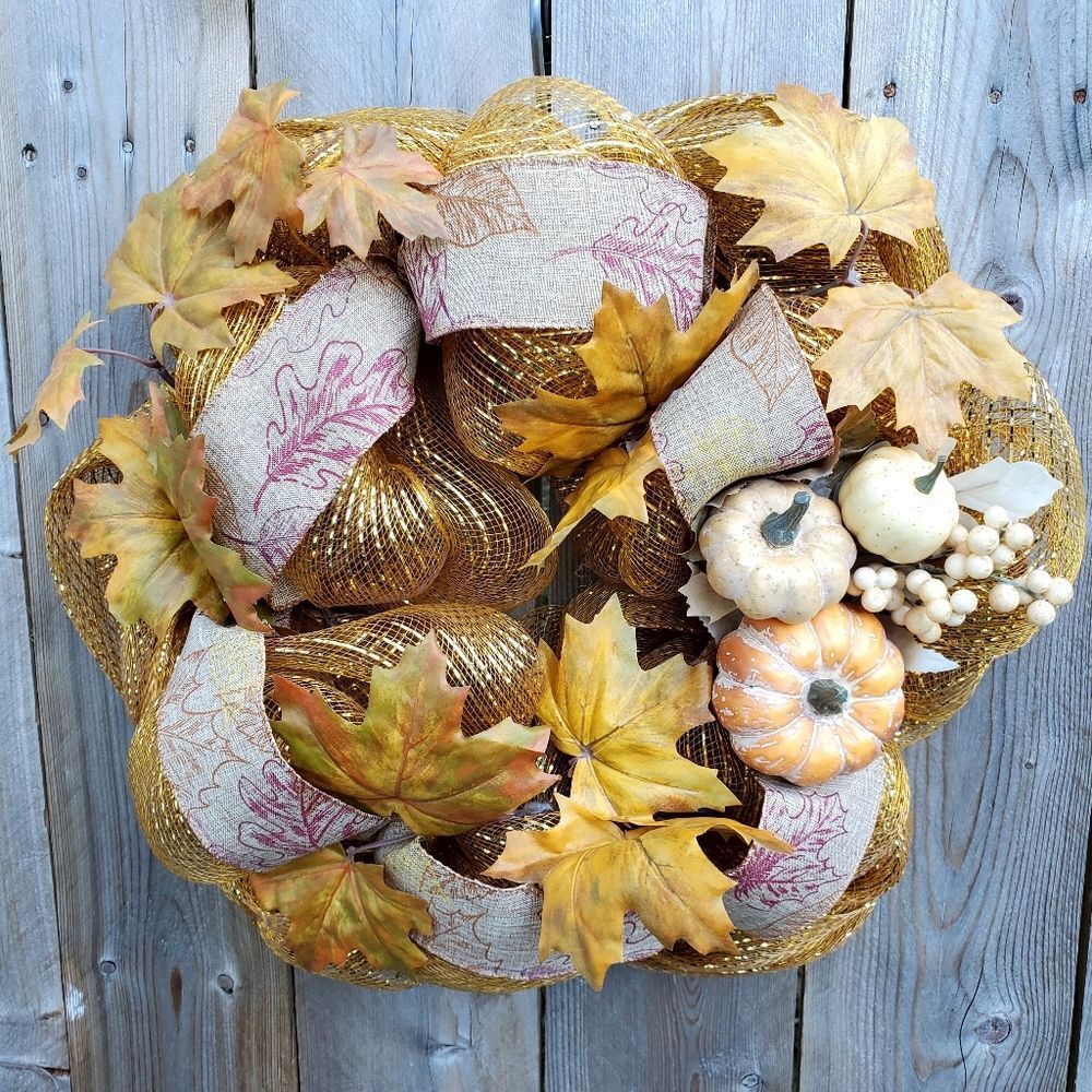 Pumpkin Deco Mesh Fall Leaf and Ribbon Homemade Hanger Wreath